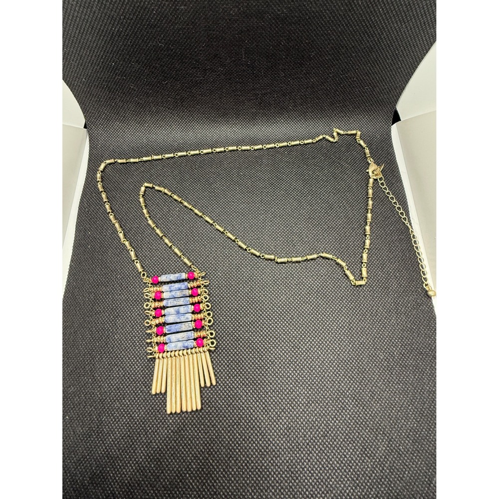 Boho Gold Tone Bib Necklace Blue Marbled Stone Magenta Beads Metal Fringe